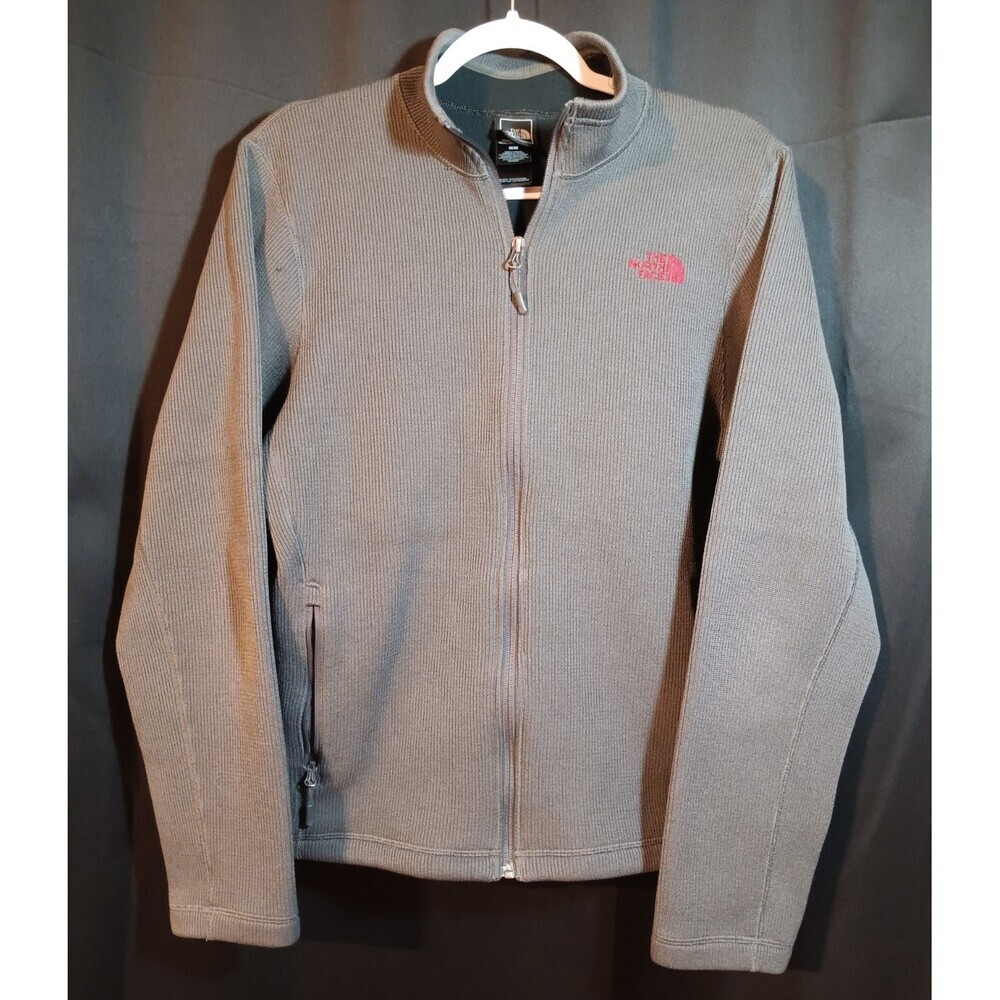 North Face M Gray Ribbed Jacket – Soft Warm Layer, Red Logo, Fall Ready - Picture 2 of 8
